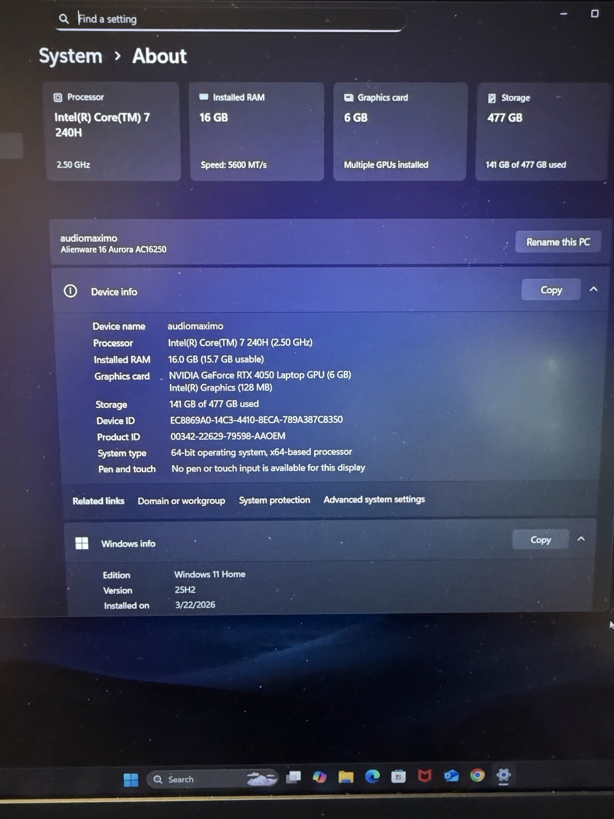 Alienware Aurora 16″ 2.5K I7 2.5 GHz AI Gaming Laptop 16gb RAM 512 Ssd