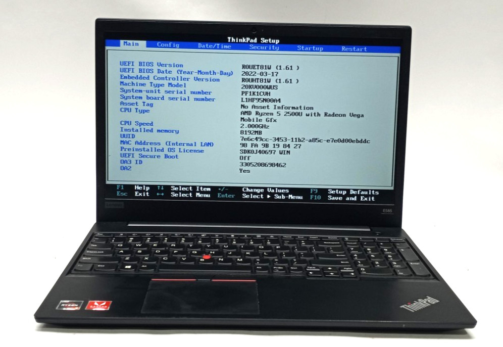 Lenovo ThinkPad E585 15.6″ AMD Ryzen 5 2500U 8GB RAM 256GB NVMe Win11Pro WH952*!