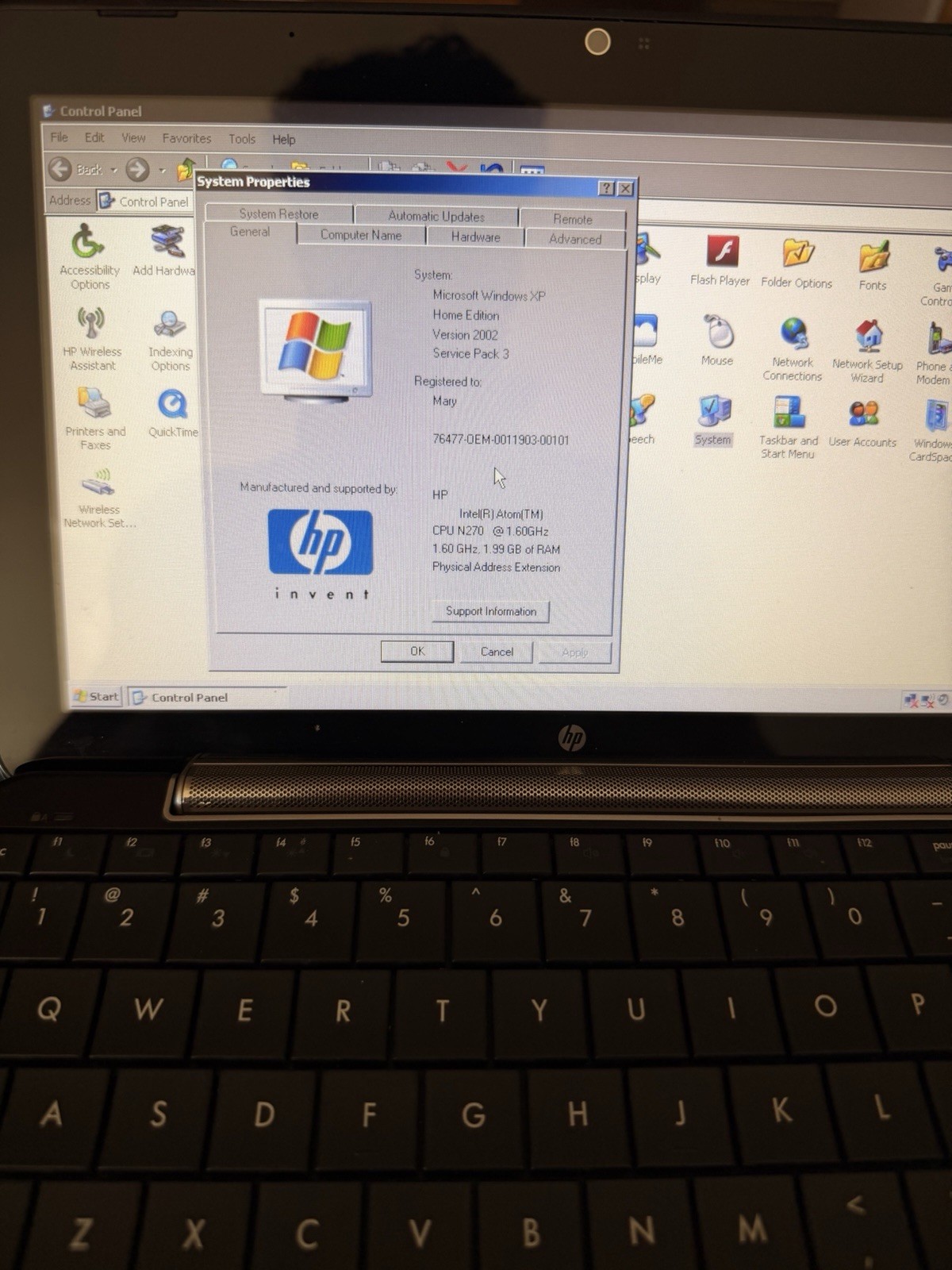 10.1” HP MINI 1000 NOTEBOOK INTEL ATOM 1.6GHz, 2GB, 75GB HD WIN 7 PRO W/CHARGER