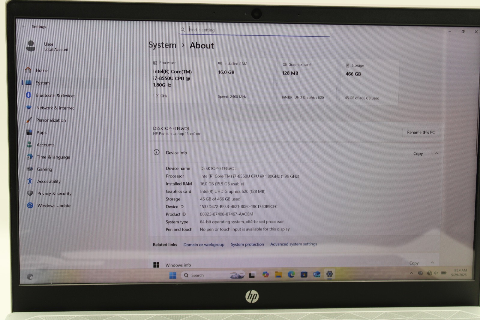 HP Pavilion 15-cs0064st i7-8550U @ 1.8 GHz 16GB RAM 500GB SSD W11H