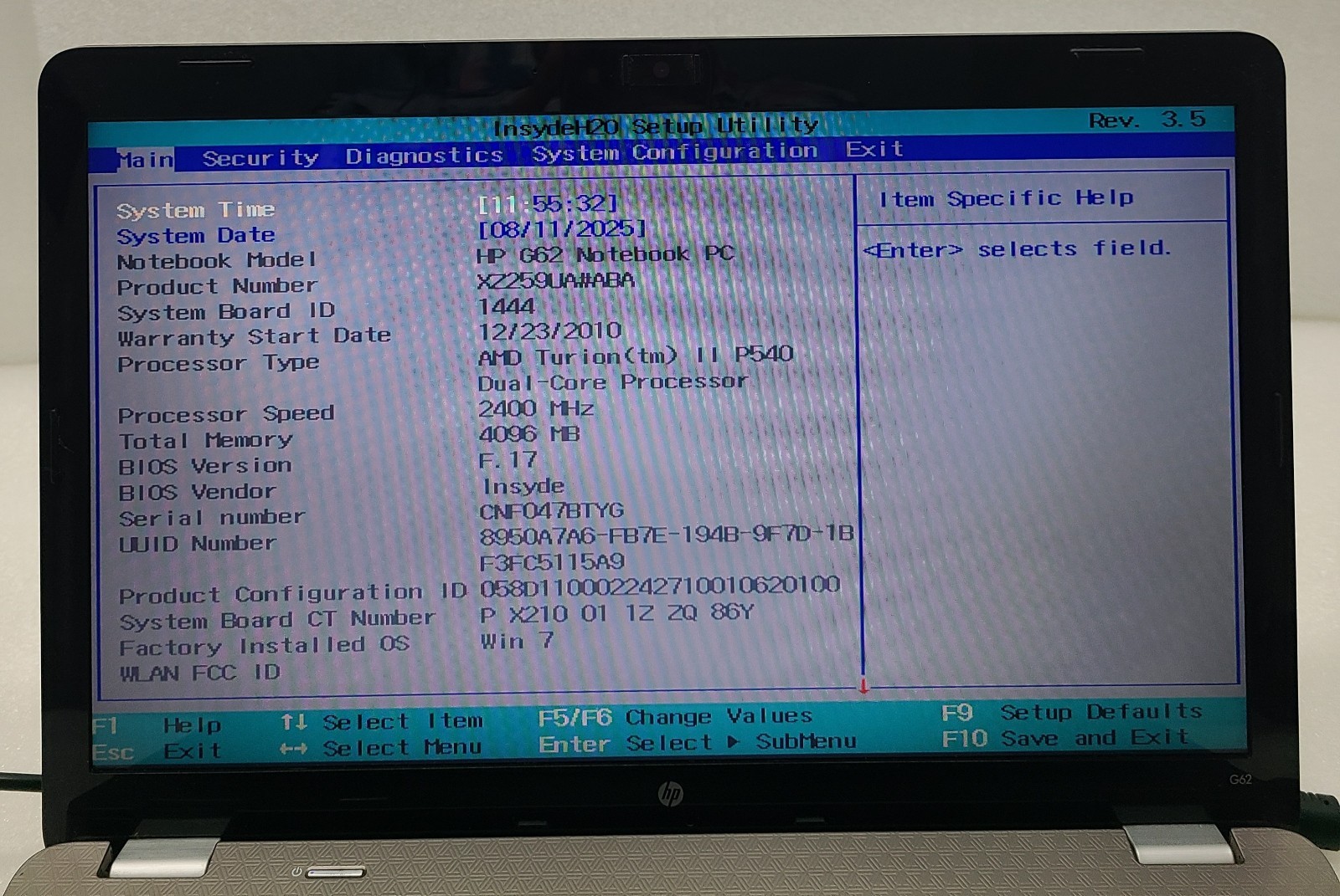 HP G62 Laptop AMD Turion II P540 4GB Ram NO HD/OS (FL)