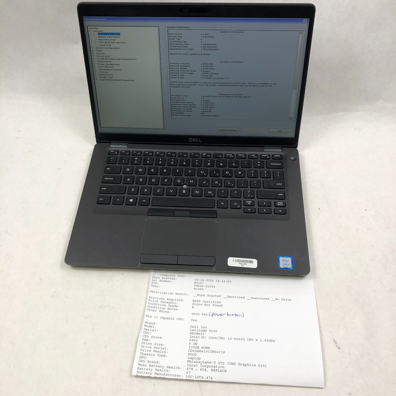 Lot of 8 Dell Latitude 5400 Laptop i5-8265U 1.6GHz 8GB NO SSD 14″ No OS Read
