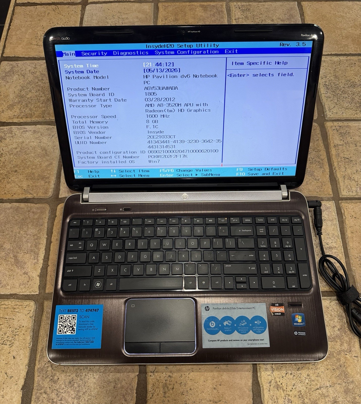 HP Pavilion DV6-6C35DX AMD A8-3520 1.6GHz 8 GB Ram – BOOTS TO BIOS