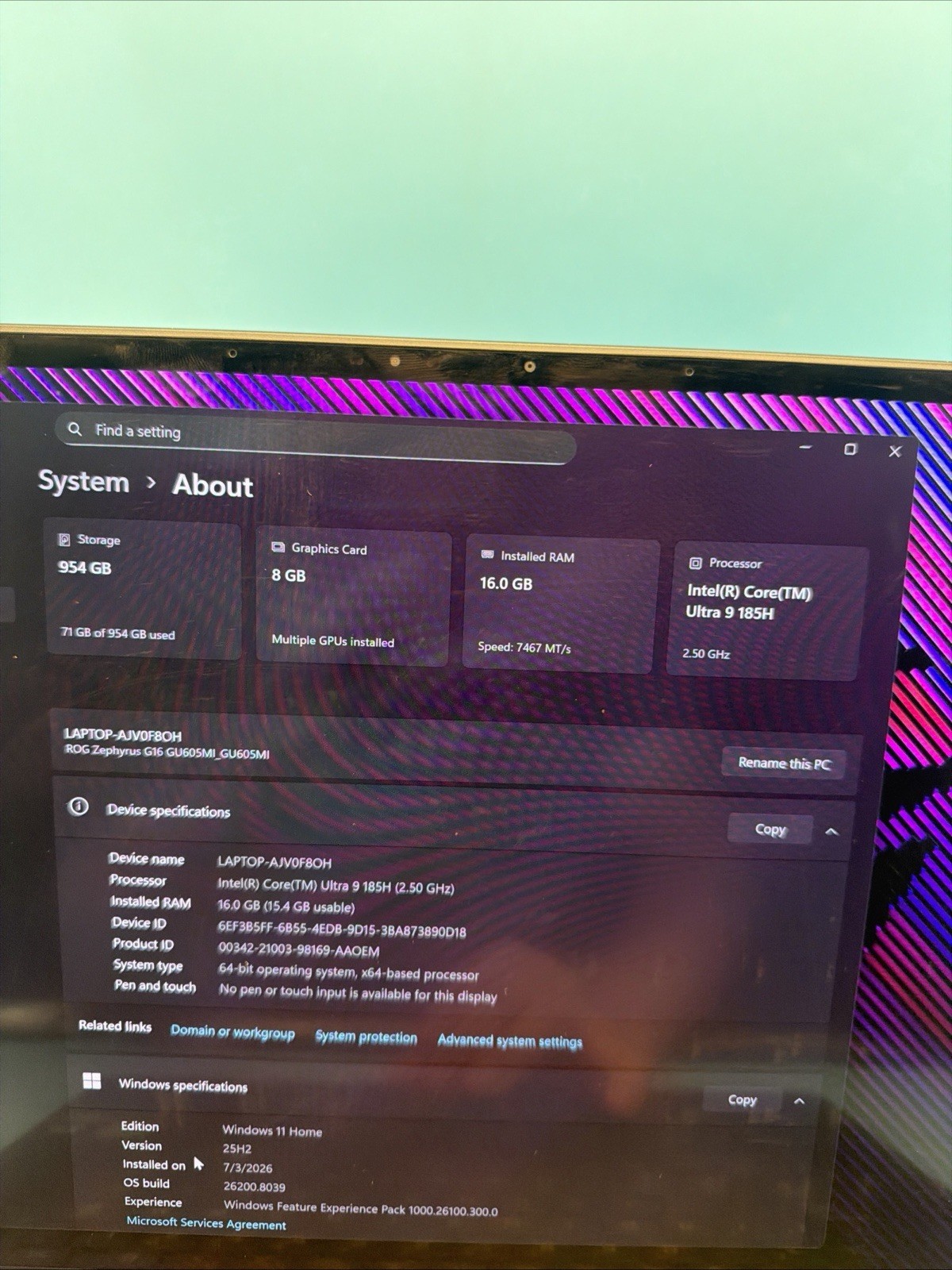 ASUS ROG Zephyrus G16 GU605MI, Ultra 9, RTX 4070, 16GB, 1TB SSD, 16″ Gray, Win11