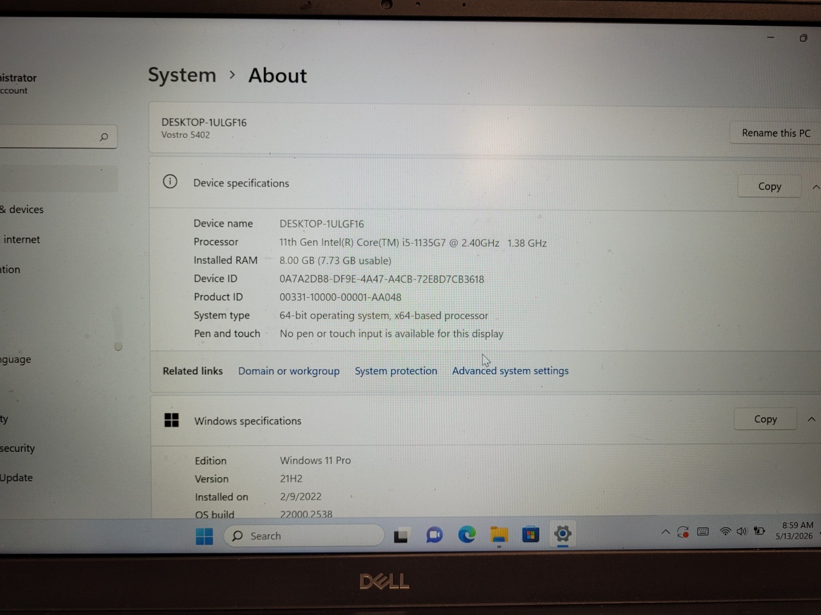 Dell vostro 5402 14″ i5-1135G7 2.4ghz 8gb ram no ssd*for parts READ 9LNVP93