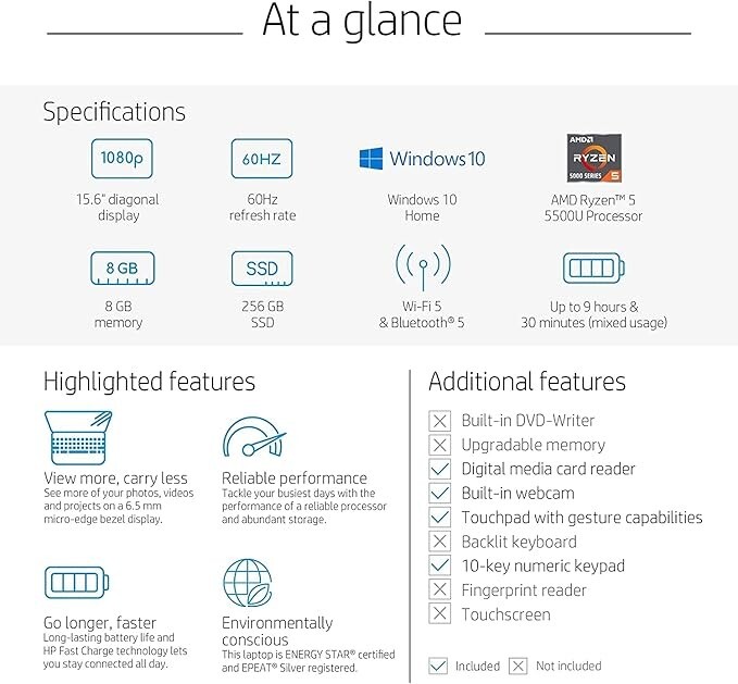 New HP 15z-ef2000 15.6″ FHD Laptop AMD Ryzen 5-5500U 8GB 256GB Win 11 Home