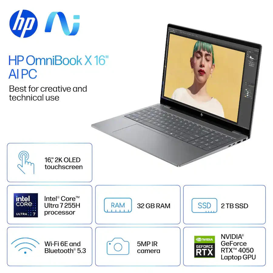 HP OmniBook X 16″ 2K OLED Touch Intel Ultra 7 255H 2025 32GB 2TB RTX 4050 Silver