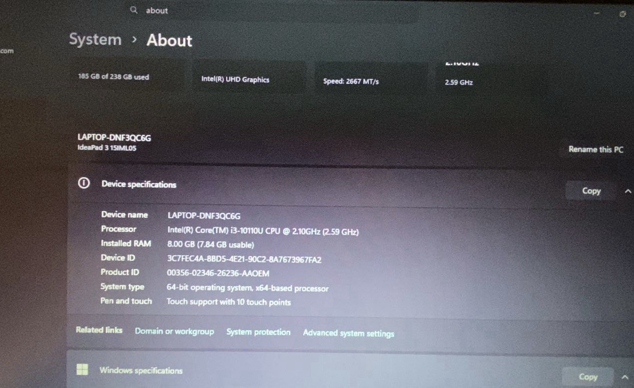 Lenovo IdeaPad 3 15IML05 15.6in i3-10110U 8GB 238GB SSD Win11 Blue TS