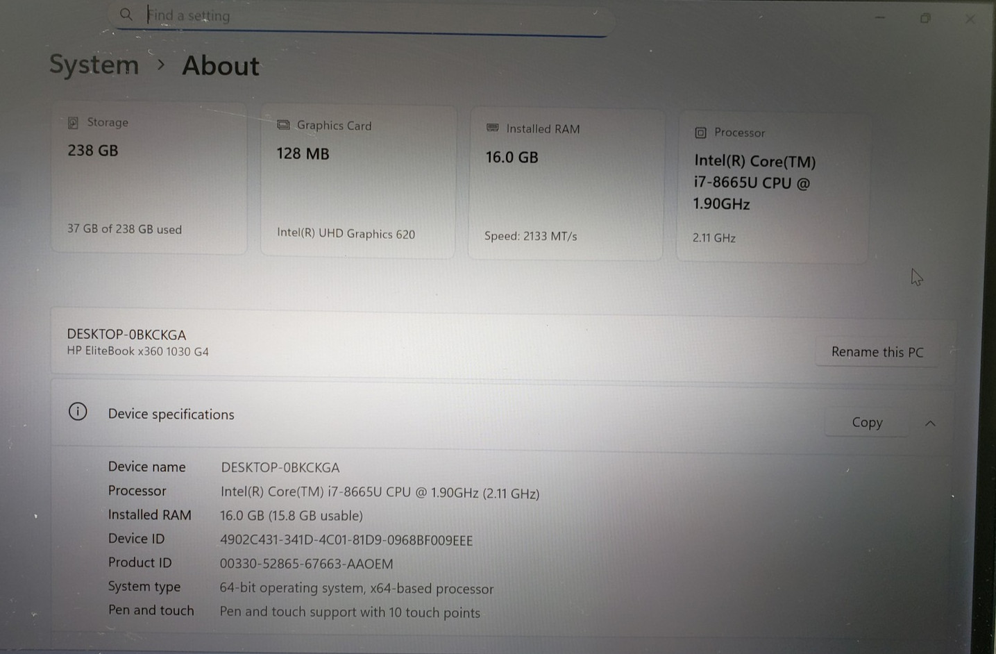HP EliteBook x360 1030 G4 Laptop i7-8th 16GB Ram 256GB SSD Backlit KB Win 11 Pro