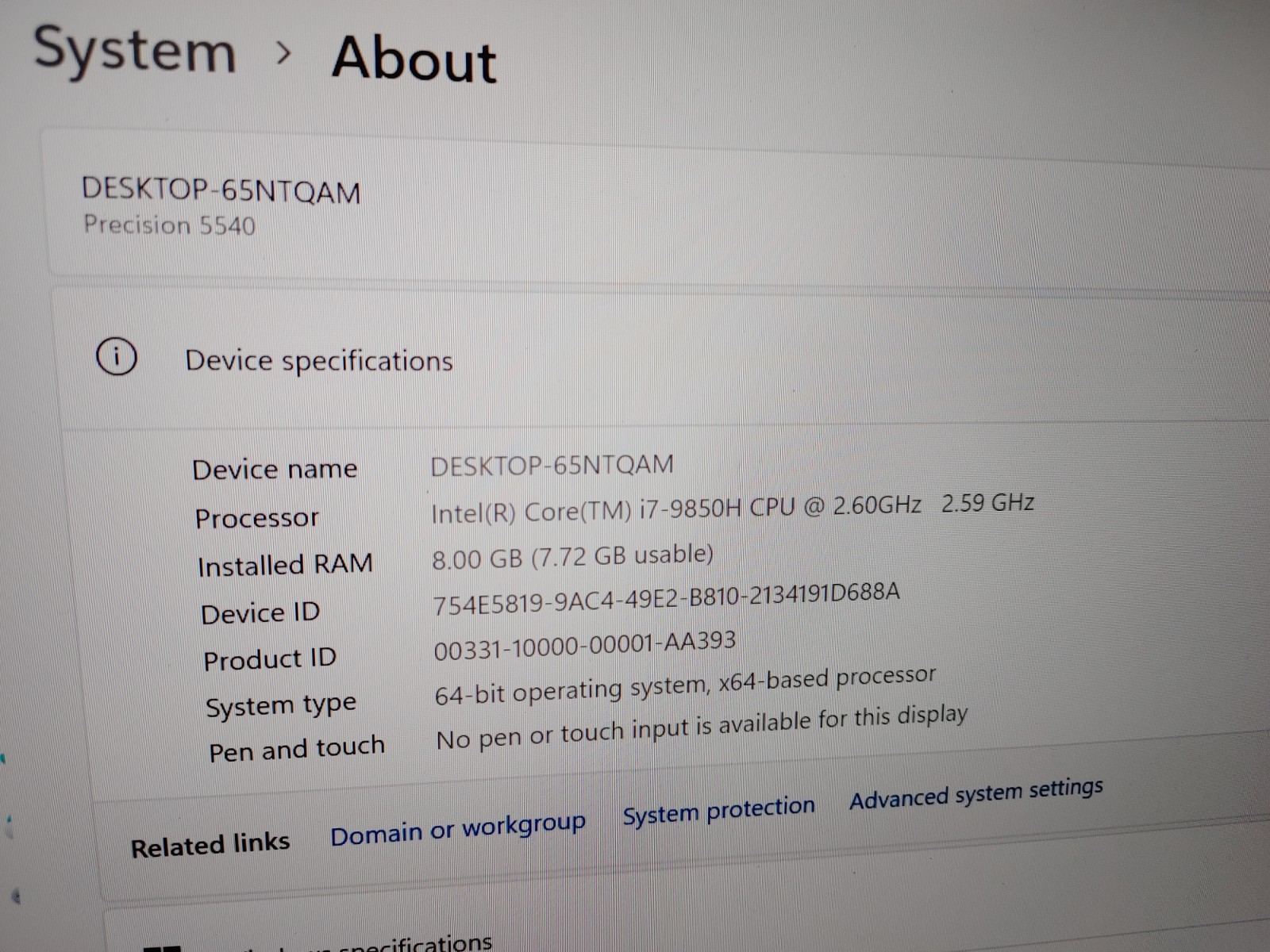 Dell Precision 5540 Core i7-9850H @2.60GHz,8GB RAM,256GB SSD, WIN11 Quadro T1000