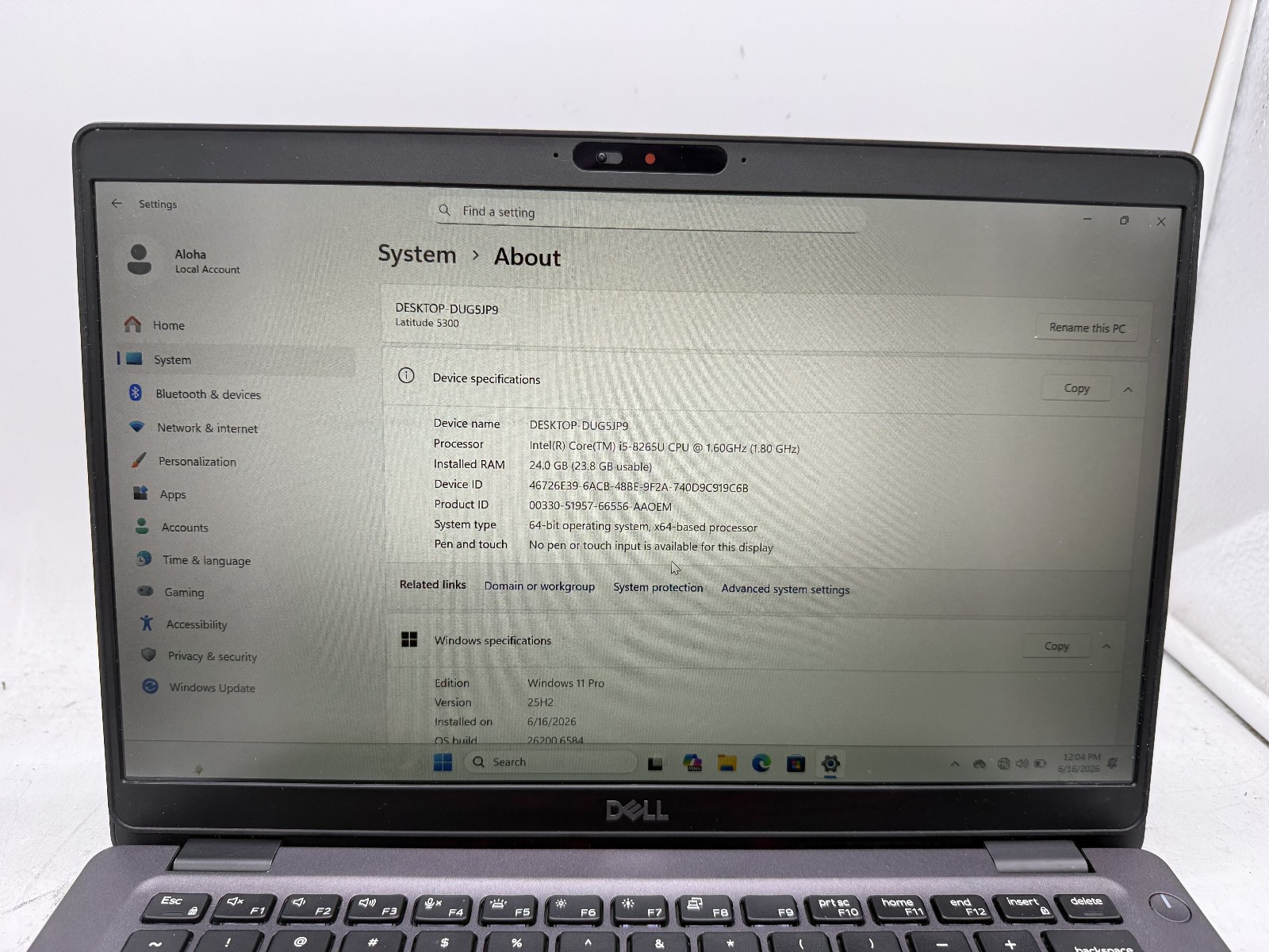 Dell Latitude 5300 i5-8265U 1.6GHz 24GB RAM 256GB SSD Win 11 Screen DMG (READ)