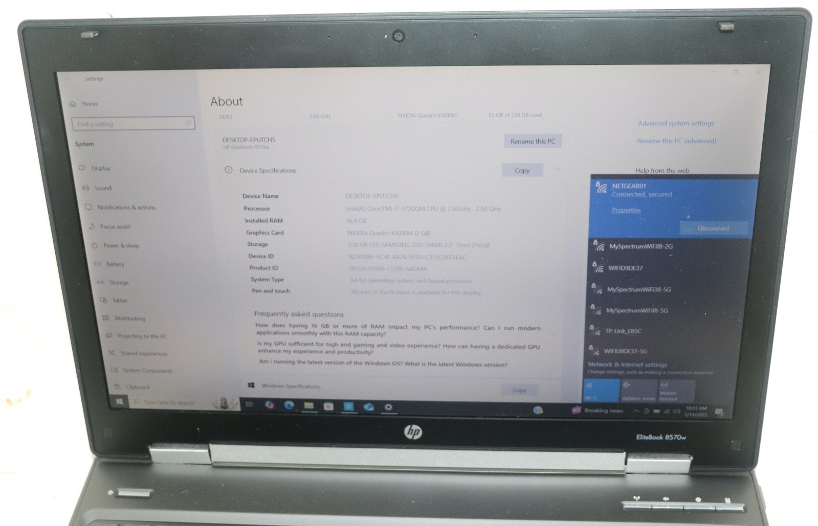 HP EliteBook 8570w |Intel Core i7@2.60 GHz|16GB RAM|256GB SSD|Win10Pro|Webcam