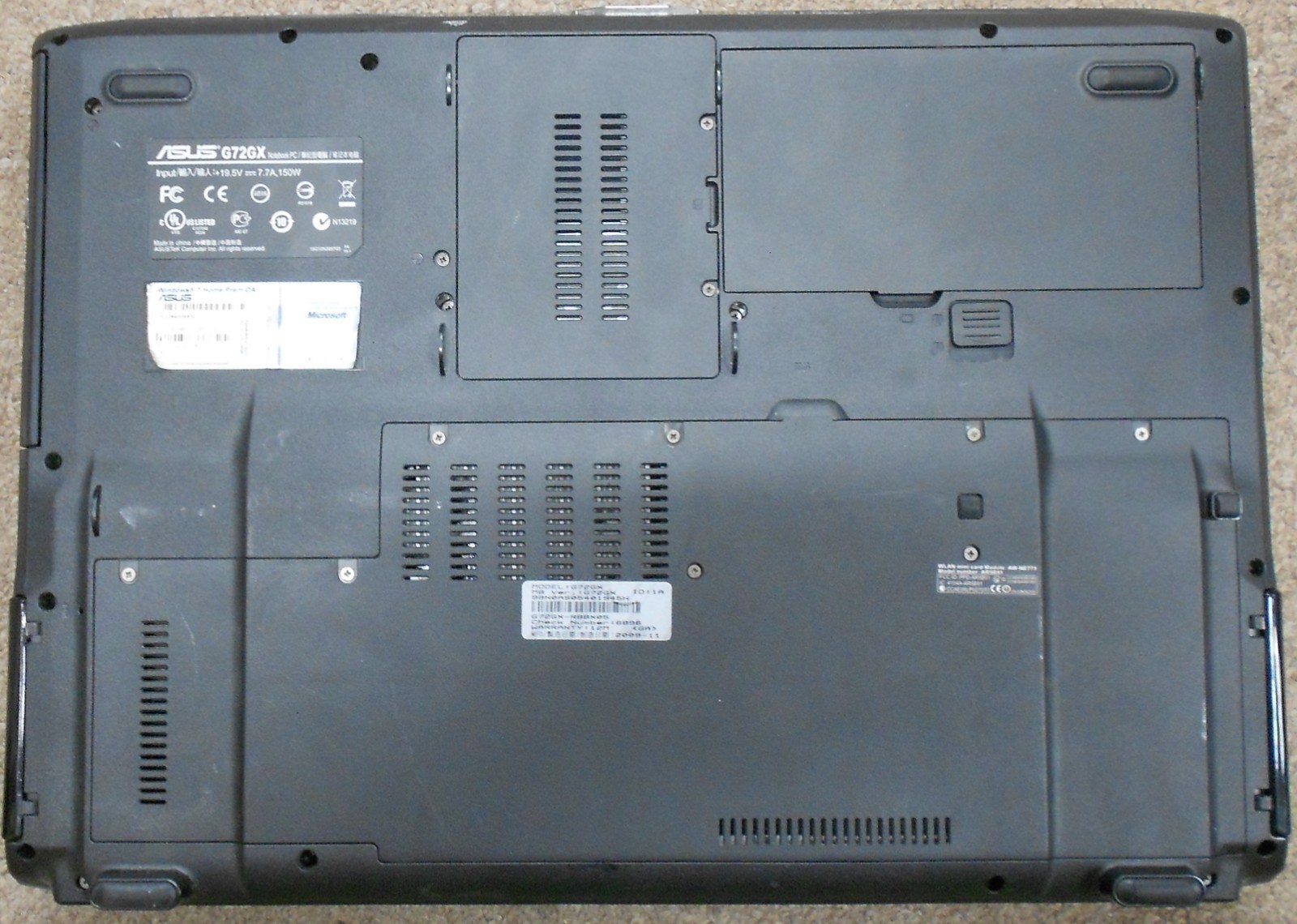 Asus G72GX Intel Core 2 Duo Windows 7 Laptop Untested As/Is 0601-01M