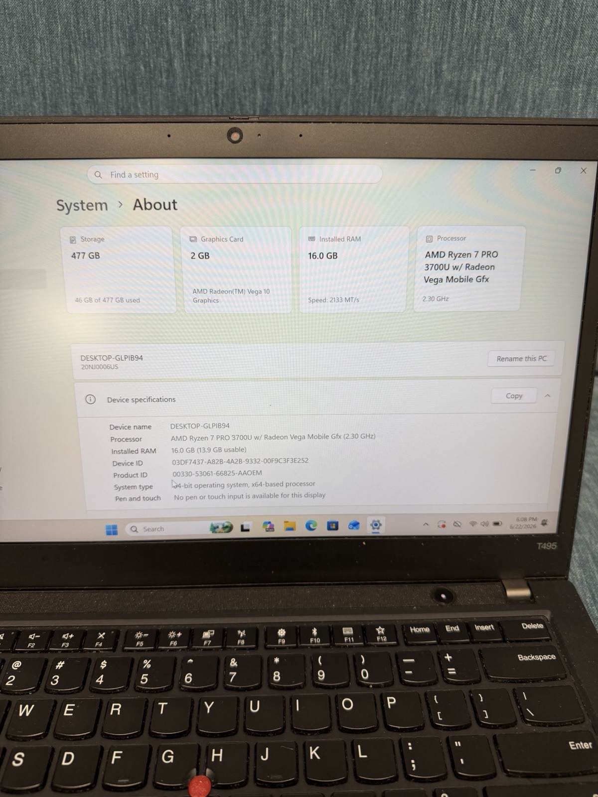 Lenovo ThinkPad T495: Screen 14″ / Ryzen 7 3700U / RAM 16Gb / SSD 512Gb / Win 11