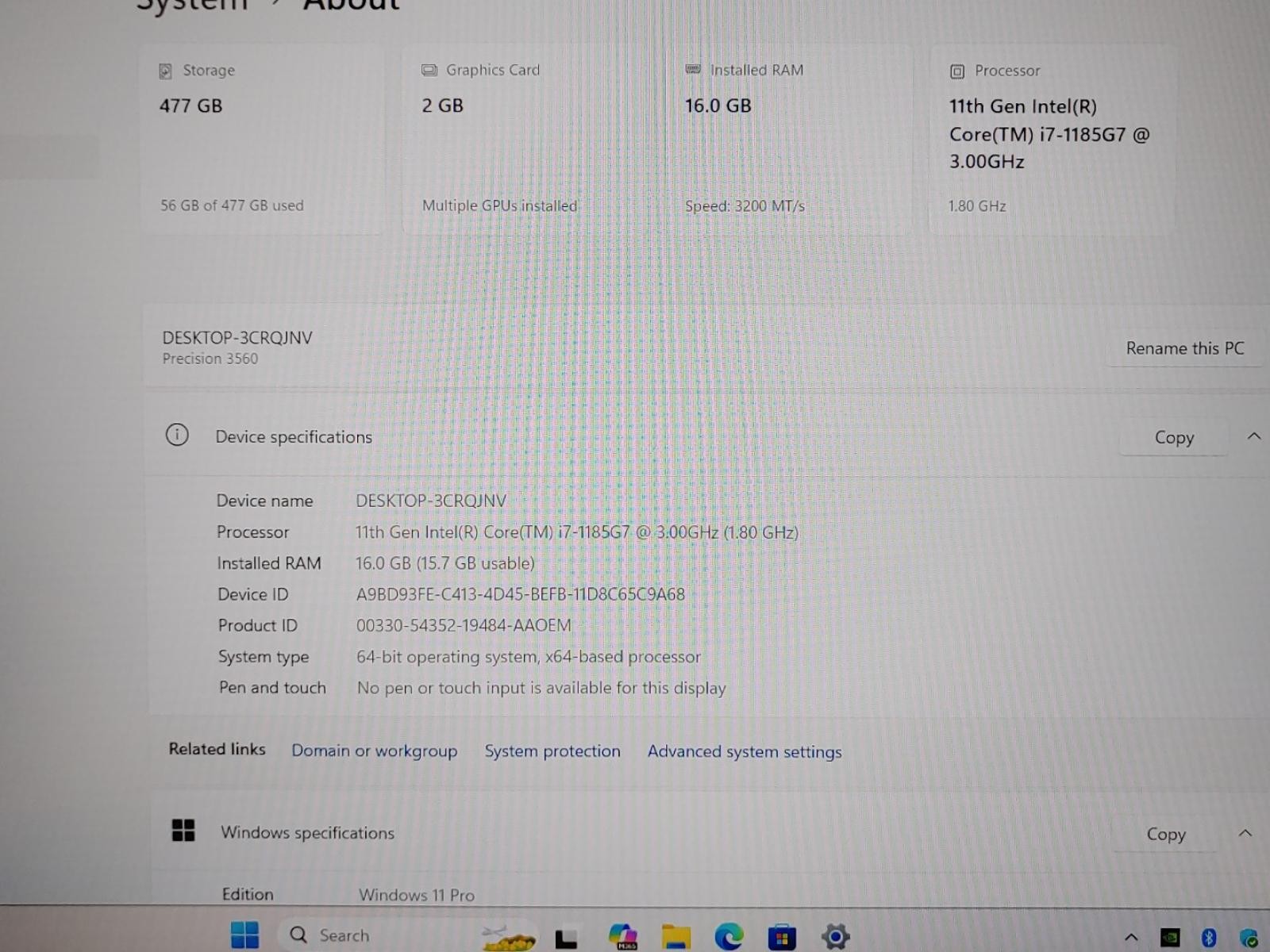 Dell Precision 3560 15.6″ i7-1185G7 16GB 512GB SSD NVIDIA T500 Win11Pro *NO A/C*