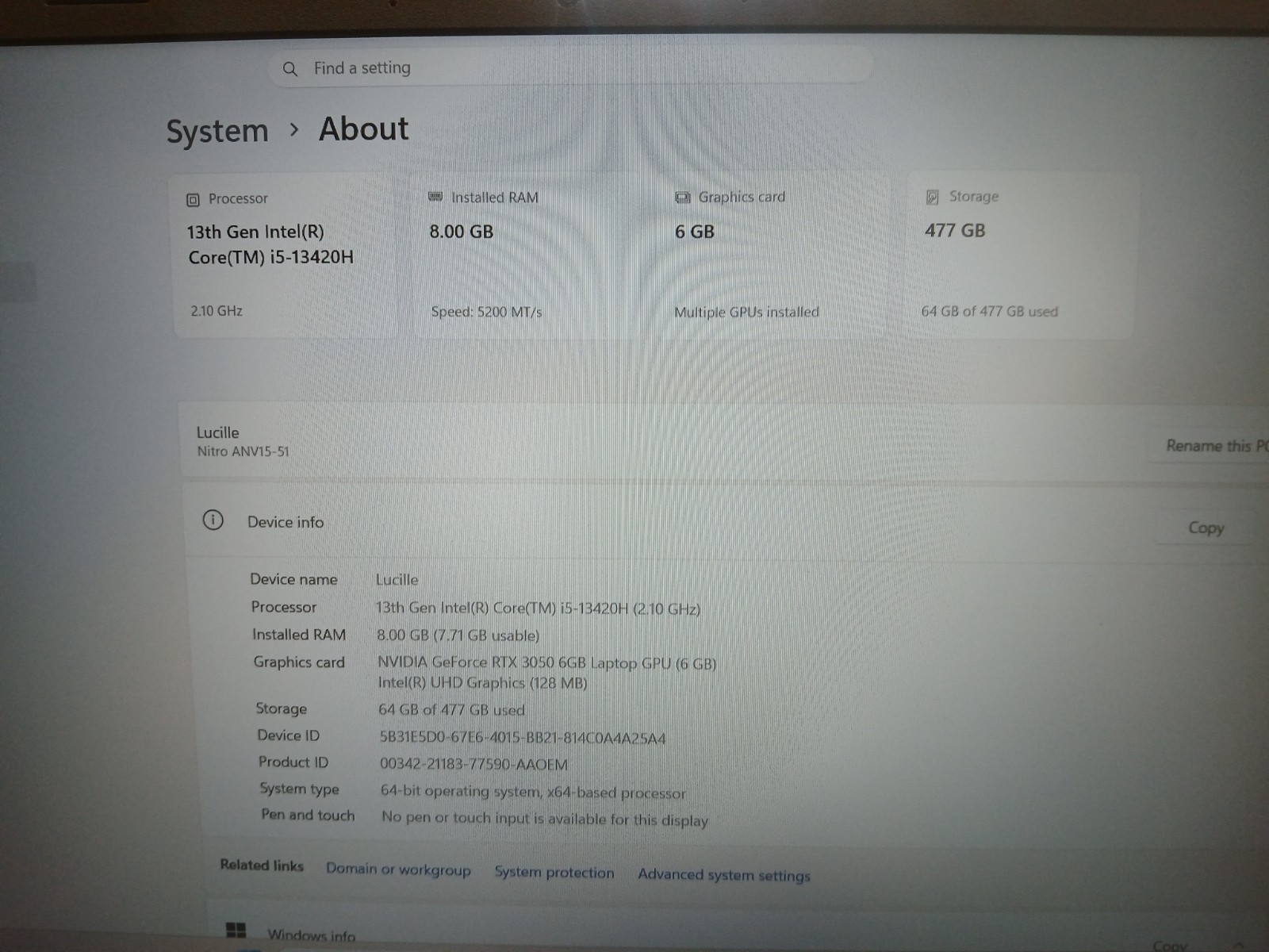 Acer Nitro V 15 ANV15-51 15.6″ i5-13420H 8GB RAM 475GB SSD GeForce RTX