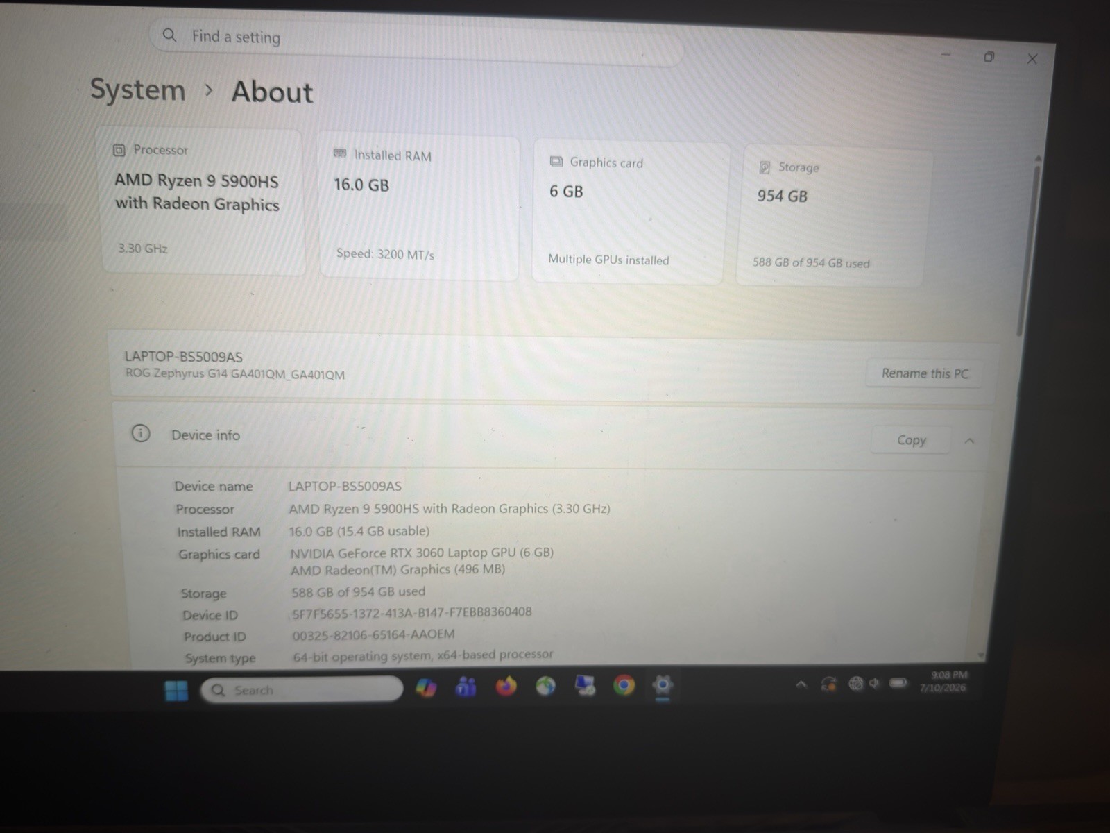 Asus ROG Zephyrus G14 GA401Q Ryzen 9 5900HS 3.3GHz 16GB RAM 1TB GeForce RTX 3060