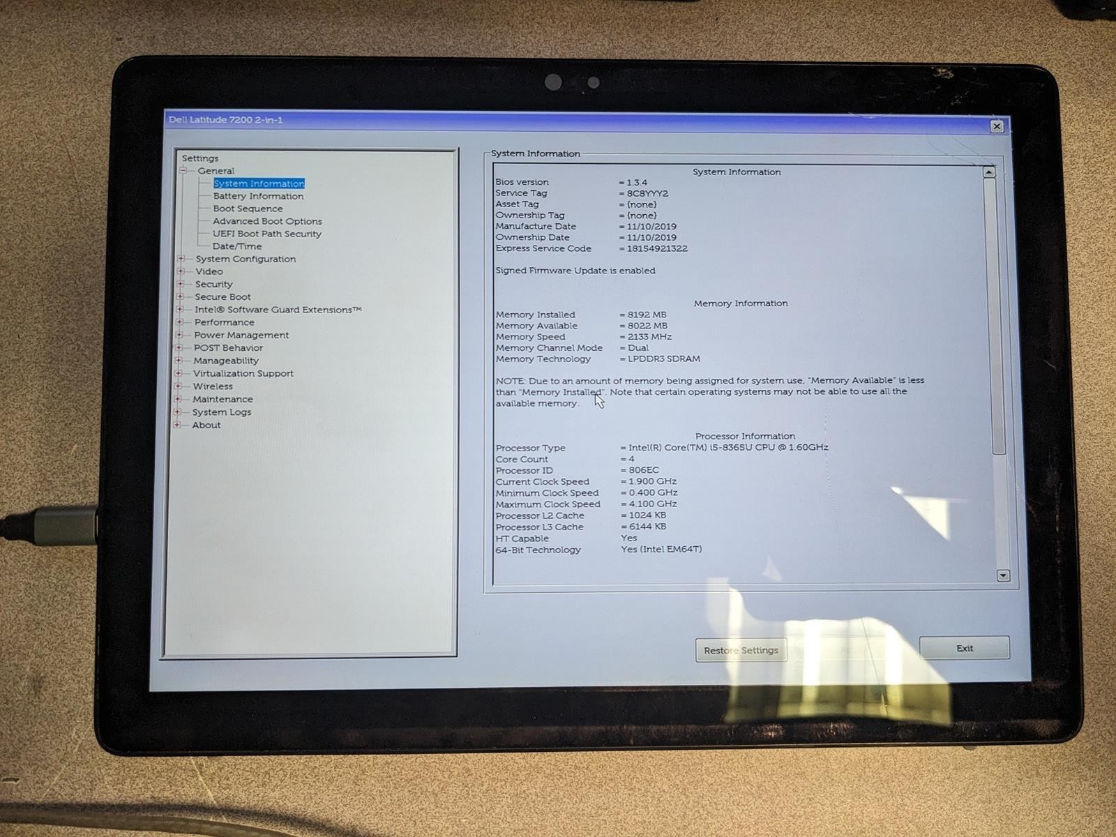 DELL LATITUDE 7200 2-IN-1 i5-8365U @ 1.60GHz, 8GB RAM, NO HDD/OS – (FOR PARTS)