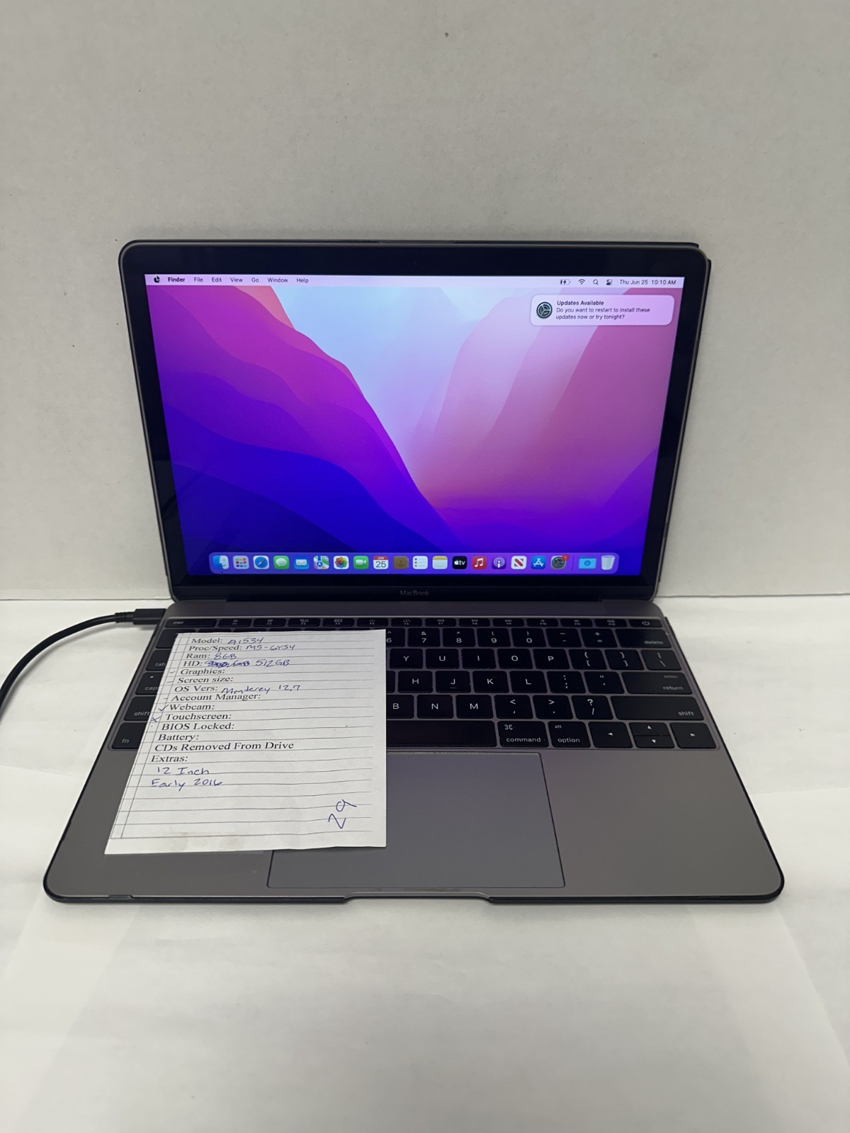 Apple MacBook M5-6Y54 8GB 512GB SSD A1502 Monterey 12″ Early 2016 (No Charger)