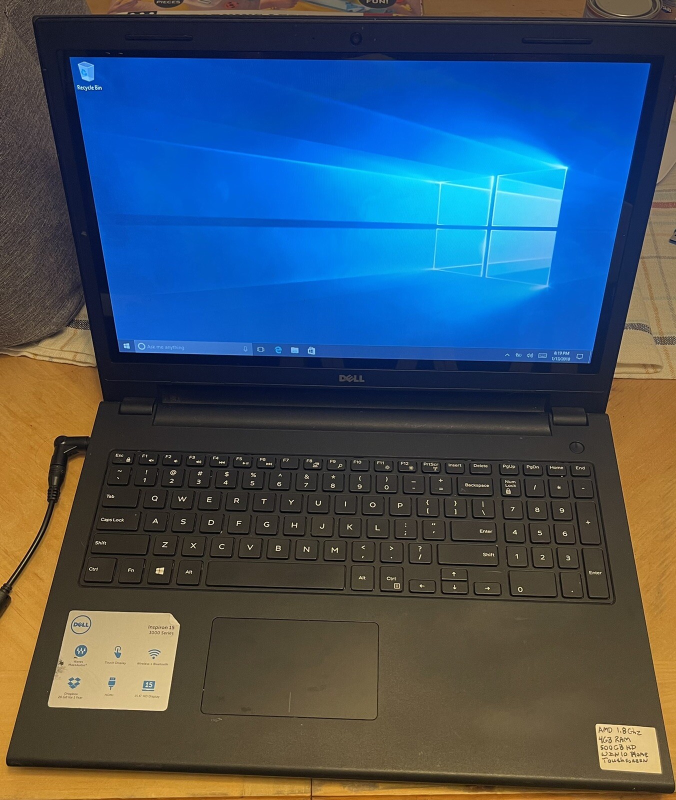 Dell Inspiron 15 3000 Series Intel 1.8GHz 4GB Ram 500GB HD Win 10 – No Charger
