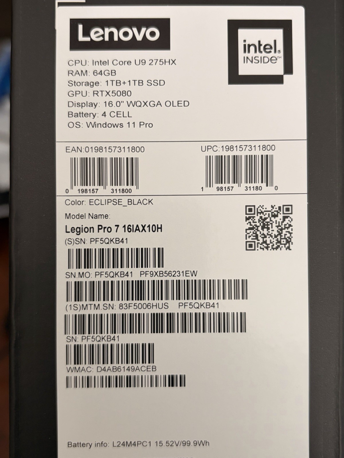Lenovo Legion Pro 7 16IAX10H 16″ Ultra 9 275HX 64GB RAM 2TB RTX 5080 Warranty