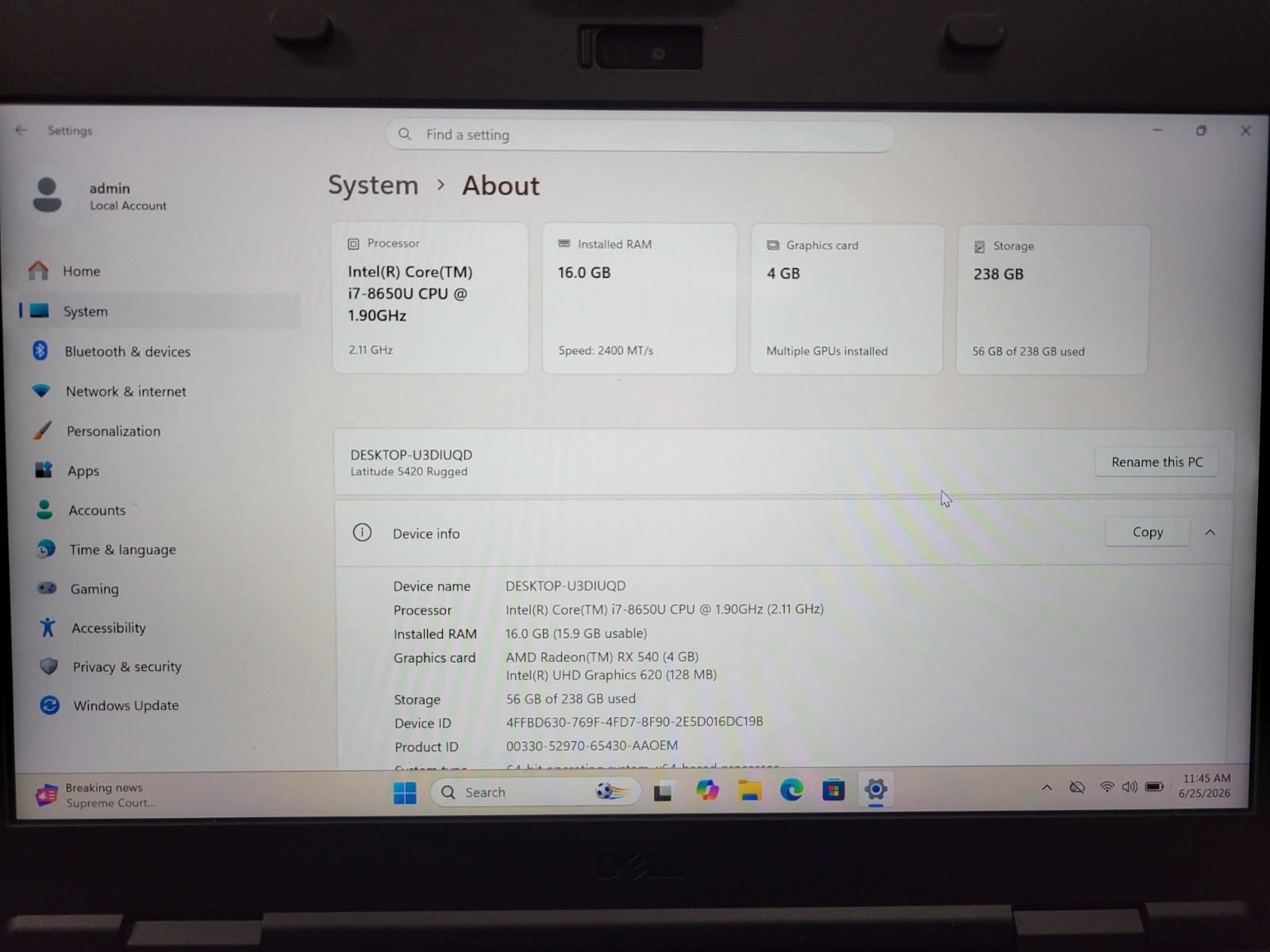 Dell Latitude 5420 Rugged 14″ i7-8650U@1.9Ghz 16GB RAM 256GB SSD | C1073