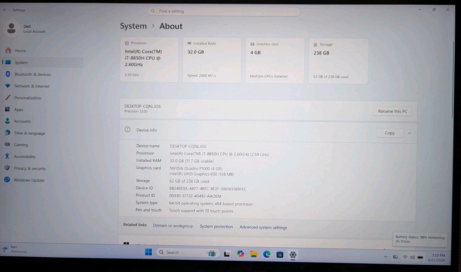 Dell Precision 5530 4K Touch 15.6″ Intel Core i7-8850H 32GB RAM 256GB SSD Win 11