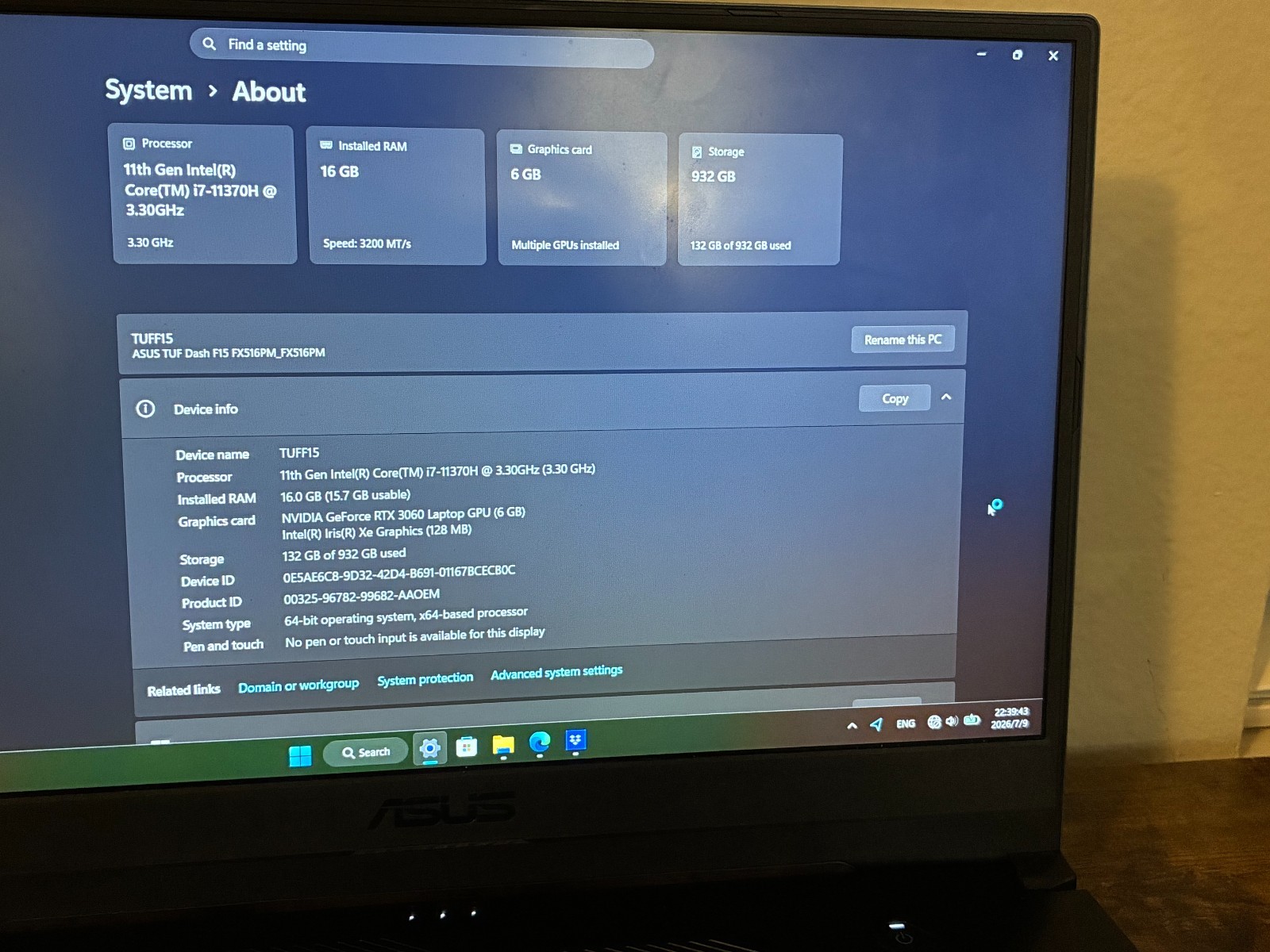 ASUS TUF Dash F15 Gaming Laptop i7-11370H RTX 3060 16GB 1TB SSD 144Hz