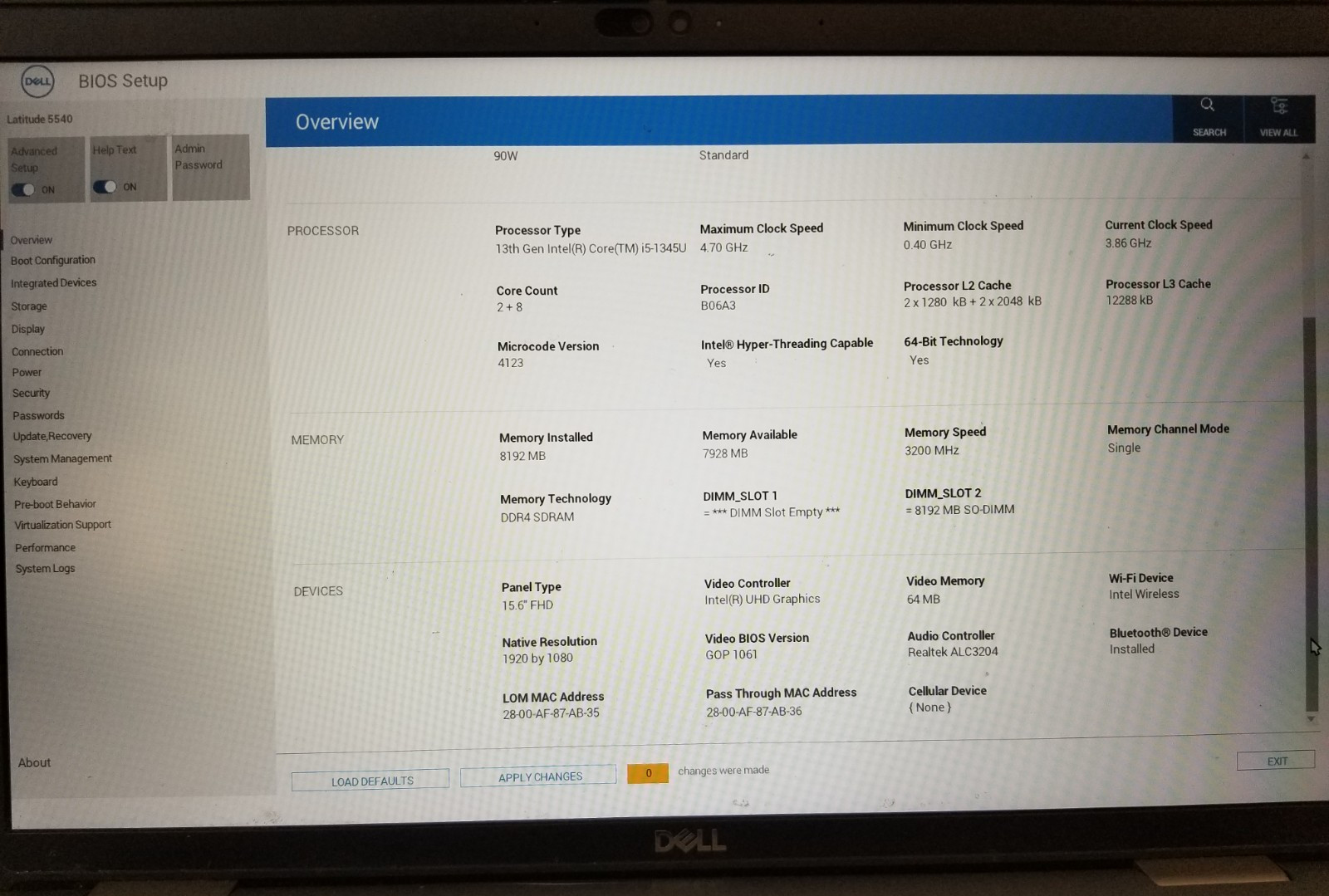 Dell Latitude 5540 / Intel Core i5-1345U 3.86GHz / 8GB RAM / NO SSD/OS