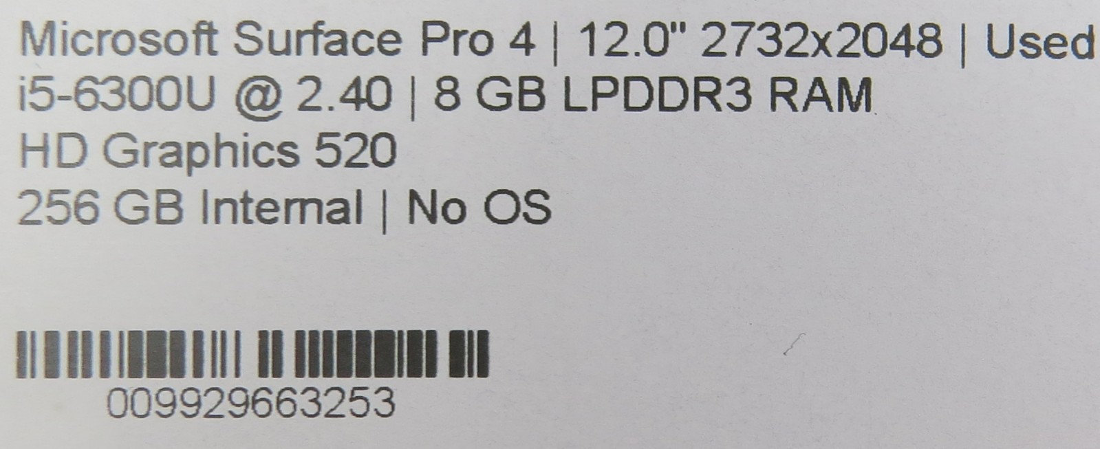 Microsoft Surface Pro 4 i5-6300U @2.40GHz 4GB RAM 256GB Internal SSD No OS