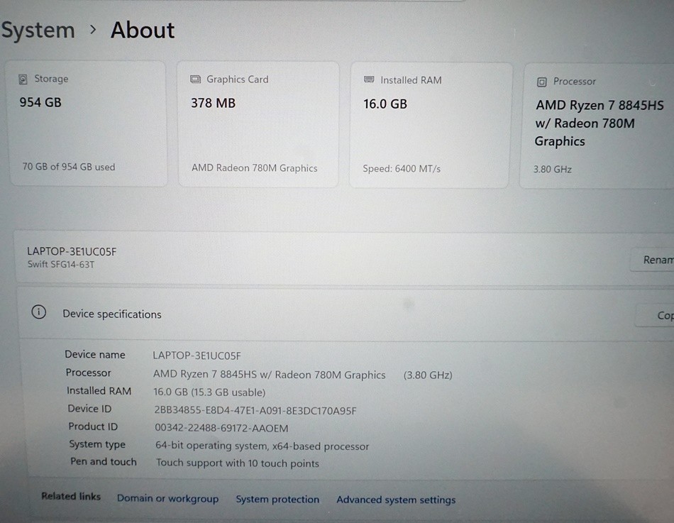 Acer Swift Go 14 SFG14-63T Touch FHD+ AMD Ryzen 7 8845HS 3.8GHz 16GB RAM 1TB SSD