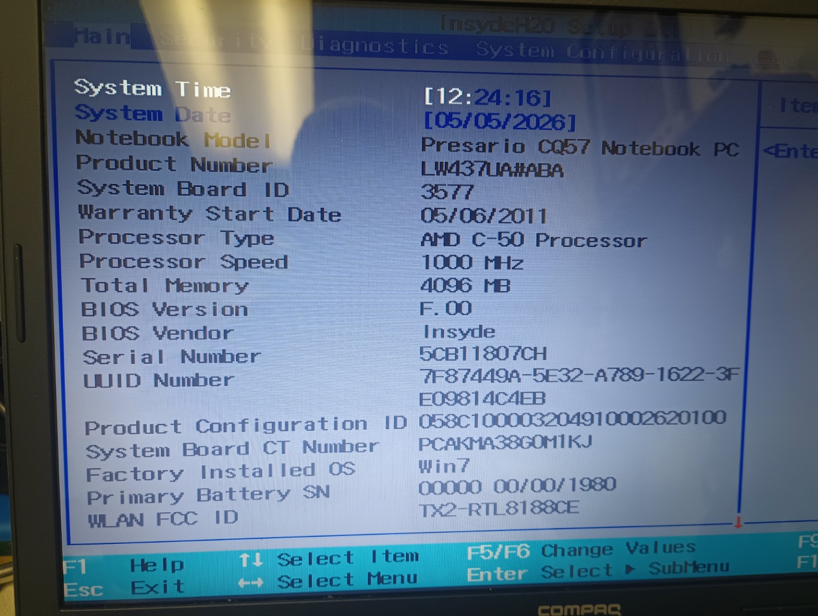 Compaq Presario CQ57-229WM AMD C-50 1.00 GHz 4 GB Ram NO HDD Boot To Bios