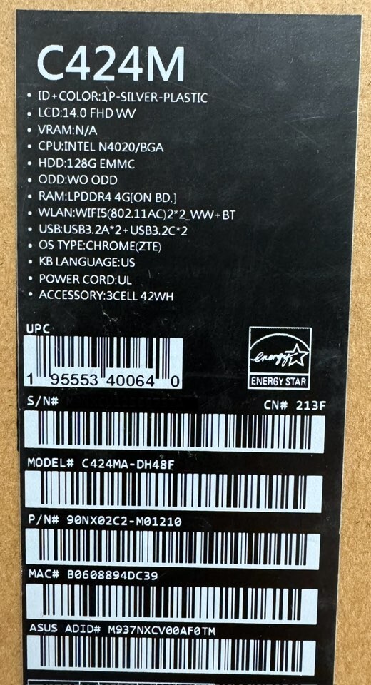 ASUS ChromeBook C424MA-DH48F 14″ (128 GB HDD Intel N4020 1.10 GHz 4 GB RAM)