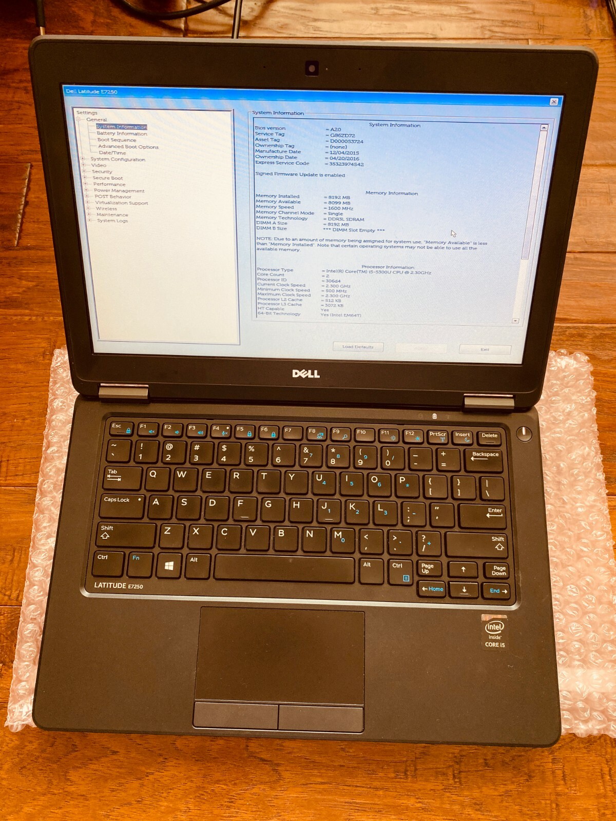 GENUINE DELL LATITUDE E7250 i5 G5 2.3GHz RAM 8GB W/ BATTERY -PHOTOS FOR DETAIL