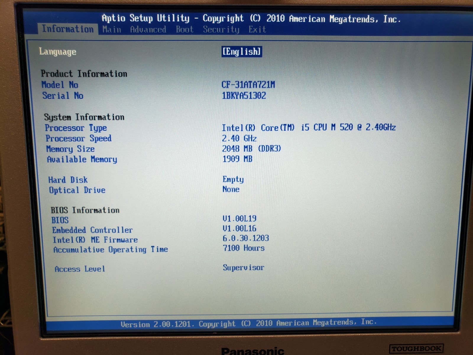 Panasonic Toughbook CF-31 Laptop Intel i5-M520 2GB *No HD, *No Caddy, *READ