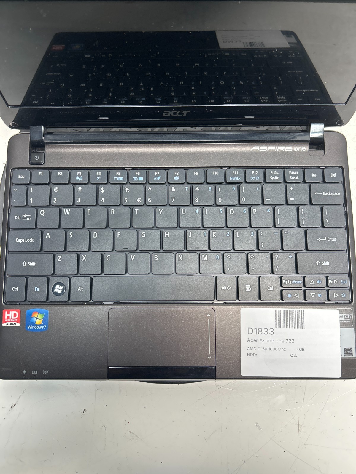 Acer Aspire One 722 AMD C-60 1000Mhz 4GB NO HDD