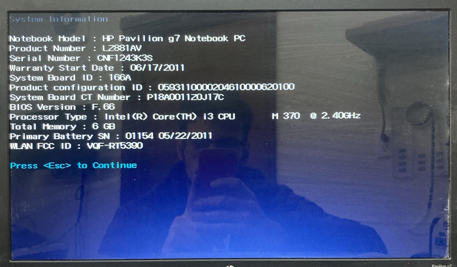 HP PAVILION G7 INTEL I3 M370 2.40GHz 6GB no HDD Boot to BIOS