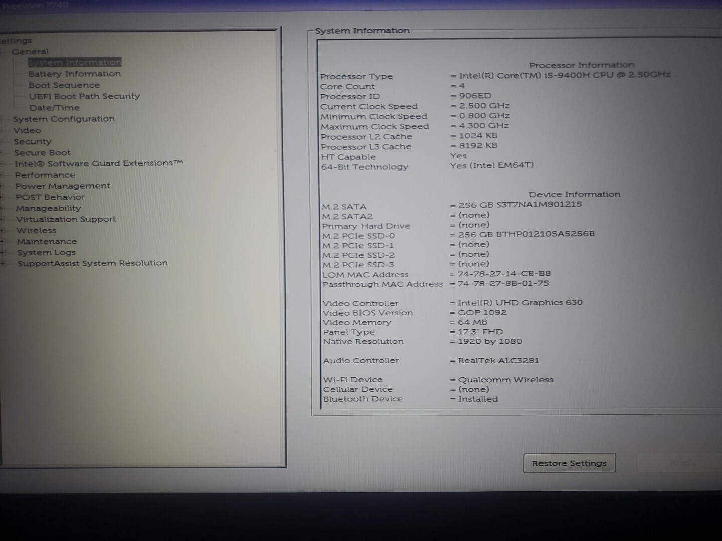 Dell Precision 7740 17.3″ i5-9400H 2.5GHz 32GB, 256/256gb Hd