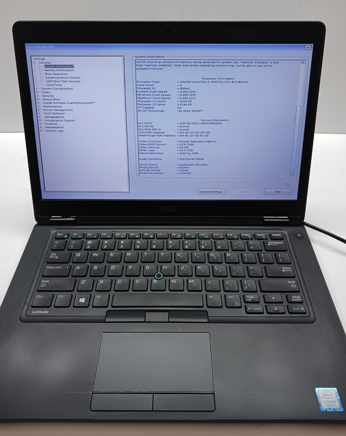 14″ DELL LATITUDE 5480 Intel i5-7440HQ @ 2.80GHz 8 GB DDR4 RAM 128 GB SSD, NO OS