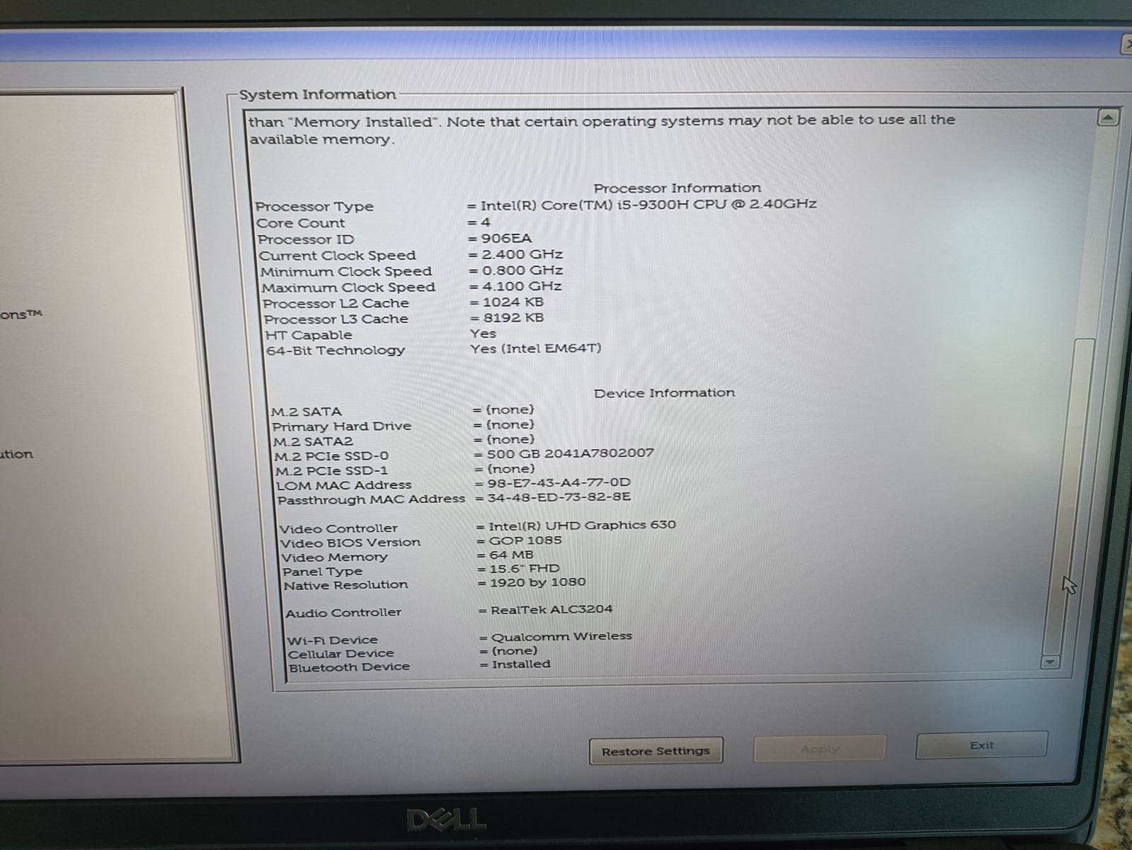 Dell Latitude 5501 15.6″ i5-9300H 2.4GHz 16GB RAM WIN11 Pro NO SSD NO A/C