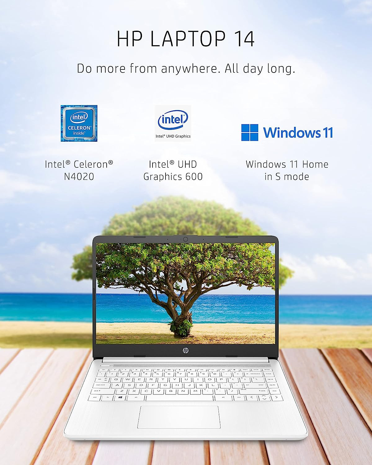HP 14 Laptop, Intel Celeron N4020, 4 GB RAM, 64 GB Storage, 14-Inch Micro-Edge H