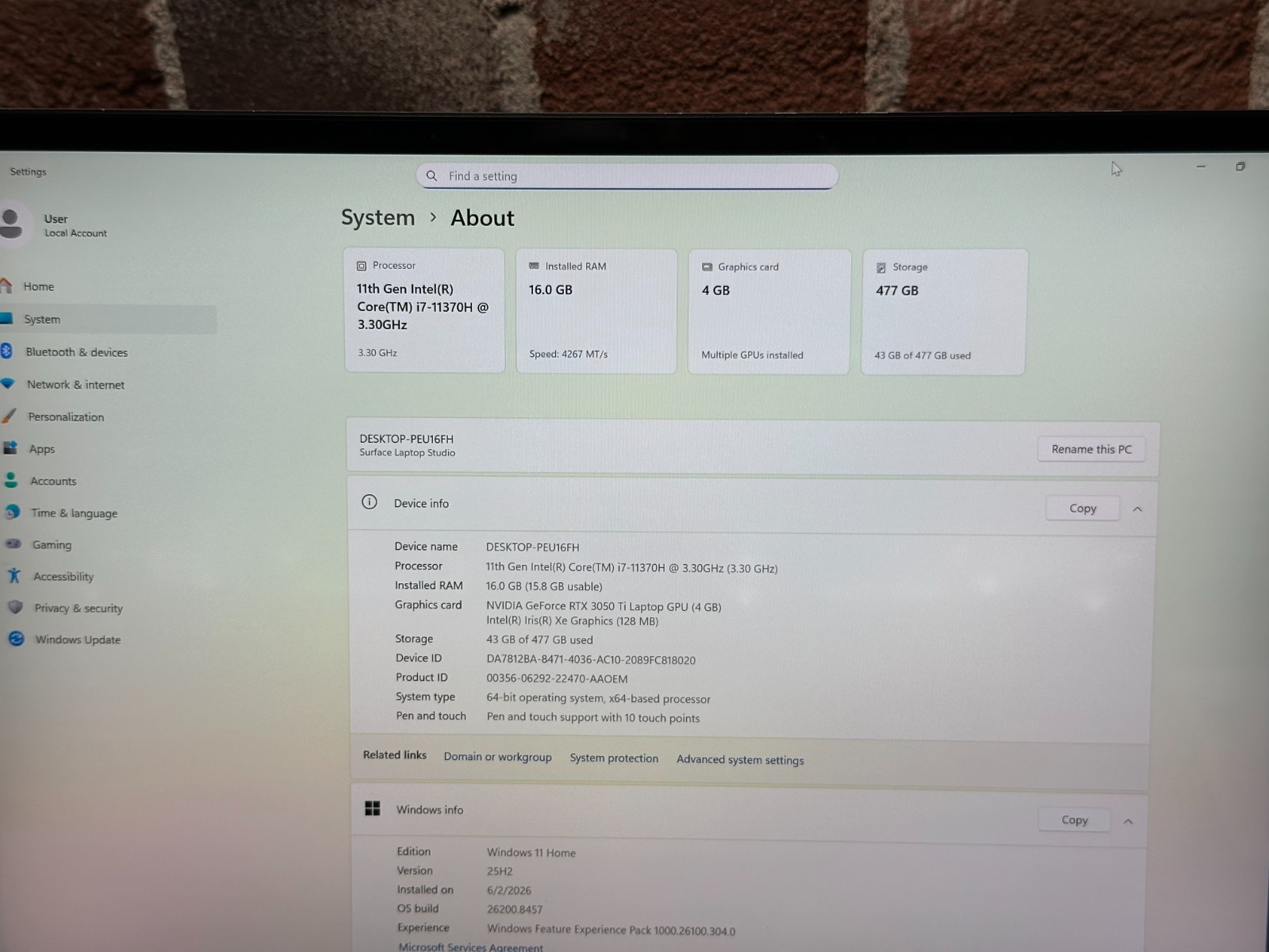 Microsoft Surface Laptop Studio i7-11370H 3.3Ghz RTX 3050 Ti 16GB RAM 512GB SSD