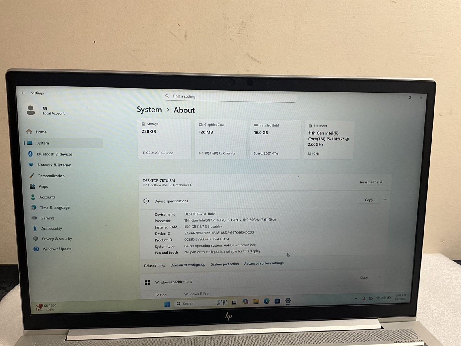 HP ELITEBOOK 850 G8 i5-1145G7/@2.60 /16GB Ram /256GB SSD Wins 11 Pro #334