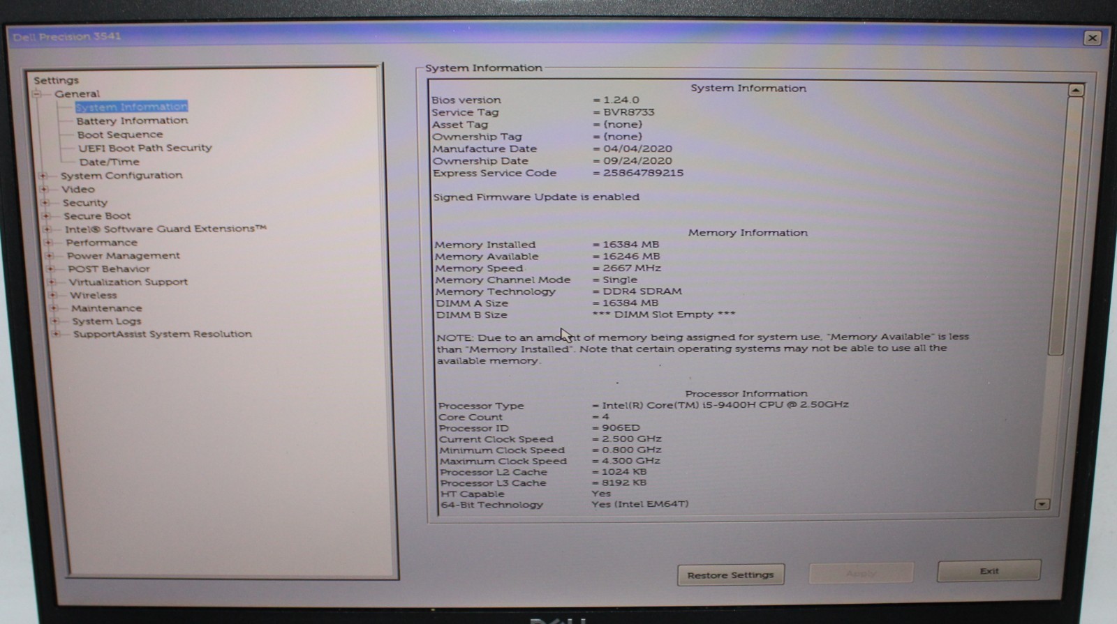 Dell PRECISION 3541 Laptop i5-9400H 2.50GHz 16GB RAM 256GB SSD Quad P620 Win 11