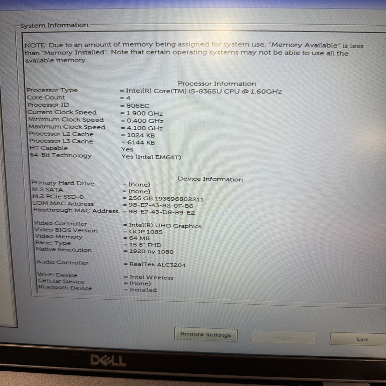 Dell Latitude 5500 15.6″ Intel Core i5-8365U 16GB RAM 256GB NVMe Win11Pro – READ