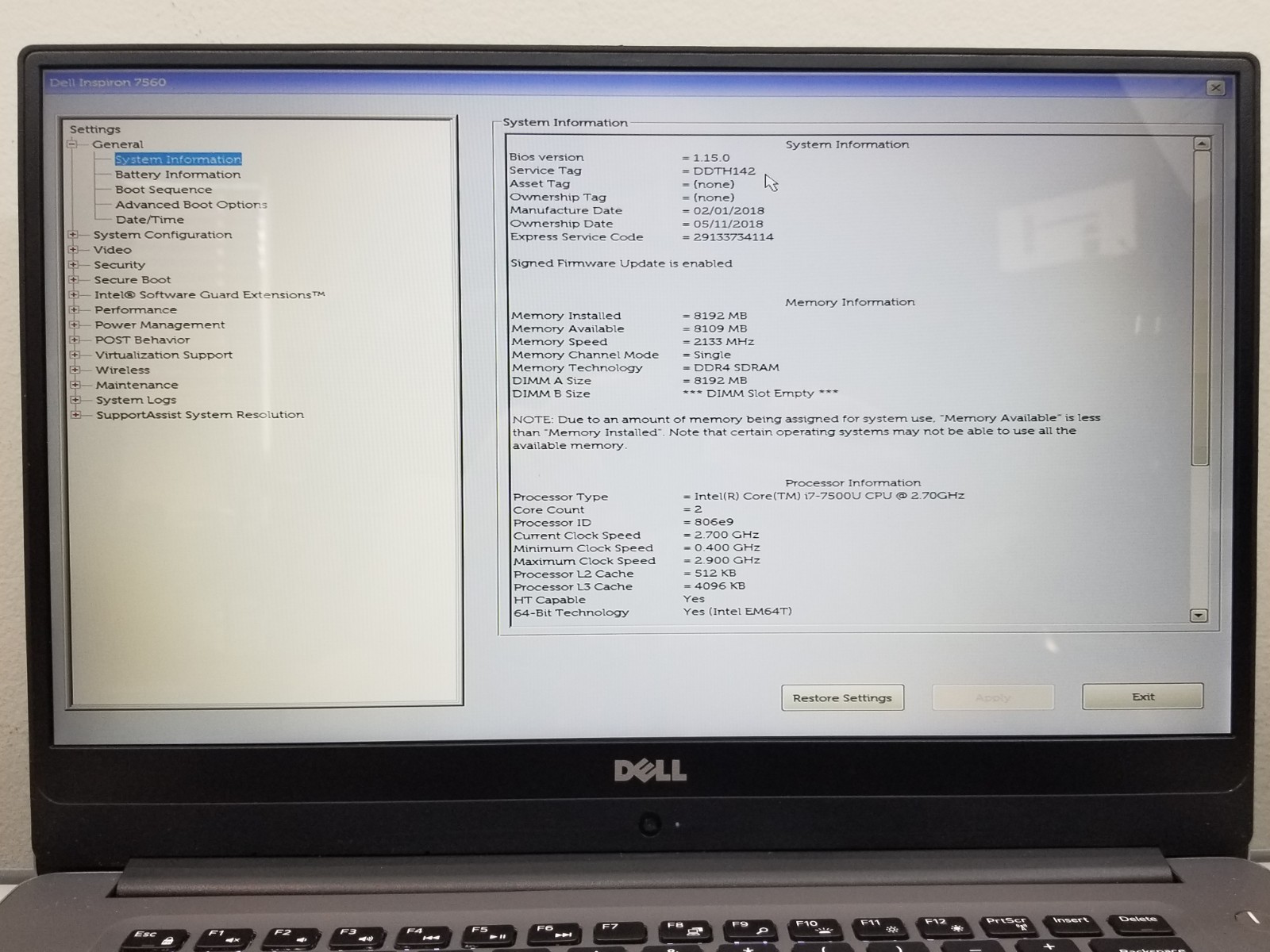 Dell Inspiron 7560 15.6″ FHD i7-7500U 2.7GHz 8GB RAM 256GB M.2 SSD Win11Pro READ