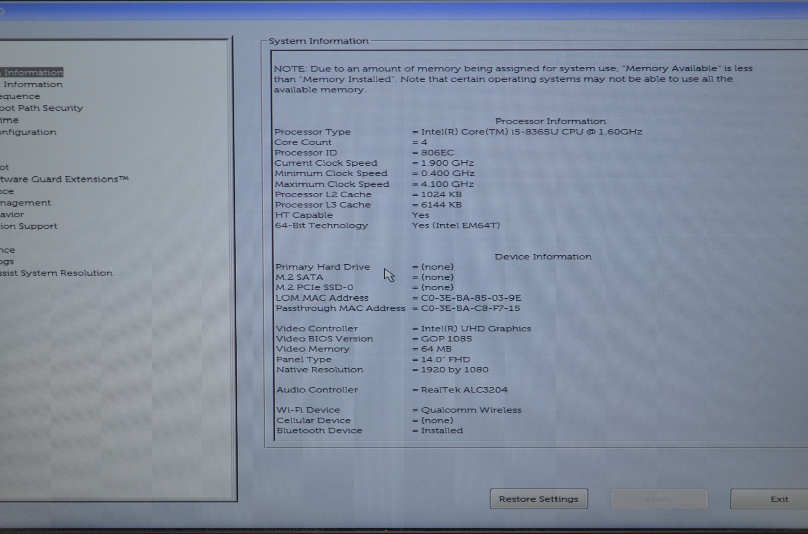 Dell Latitude 5400 Core i5-8365U 1.60GHz 8GB RAM No HDD/OS PARTS READ