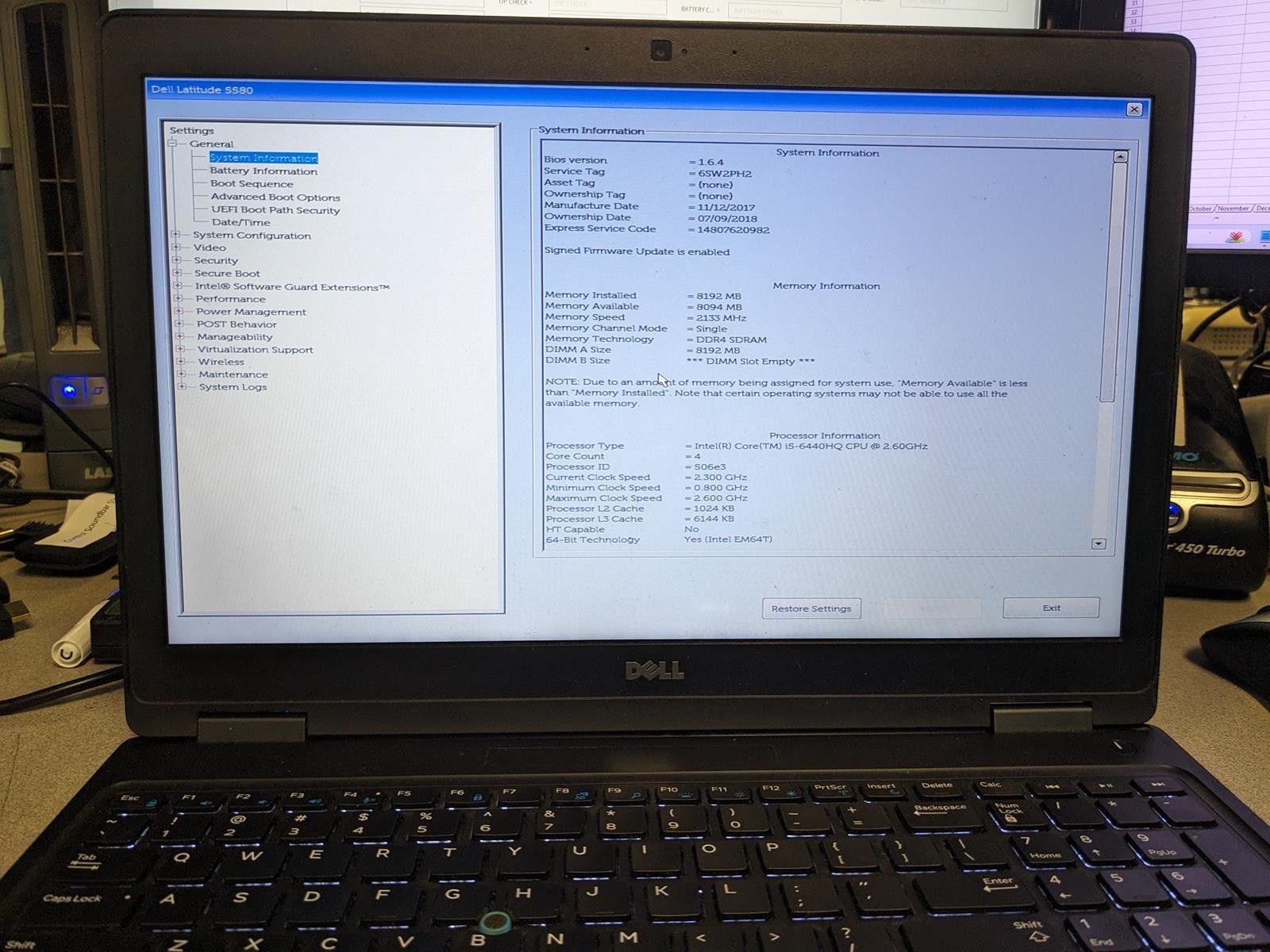 DELL LATITUDE 5580 I5-6440HQ @ 2.60GHz, 8GB RAM, NO HDD/OS