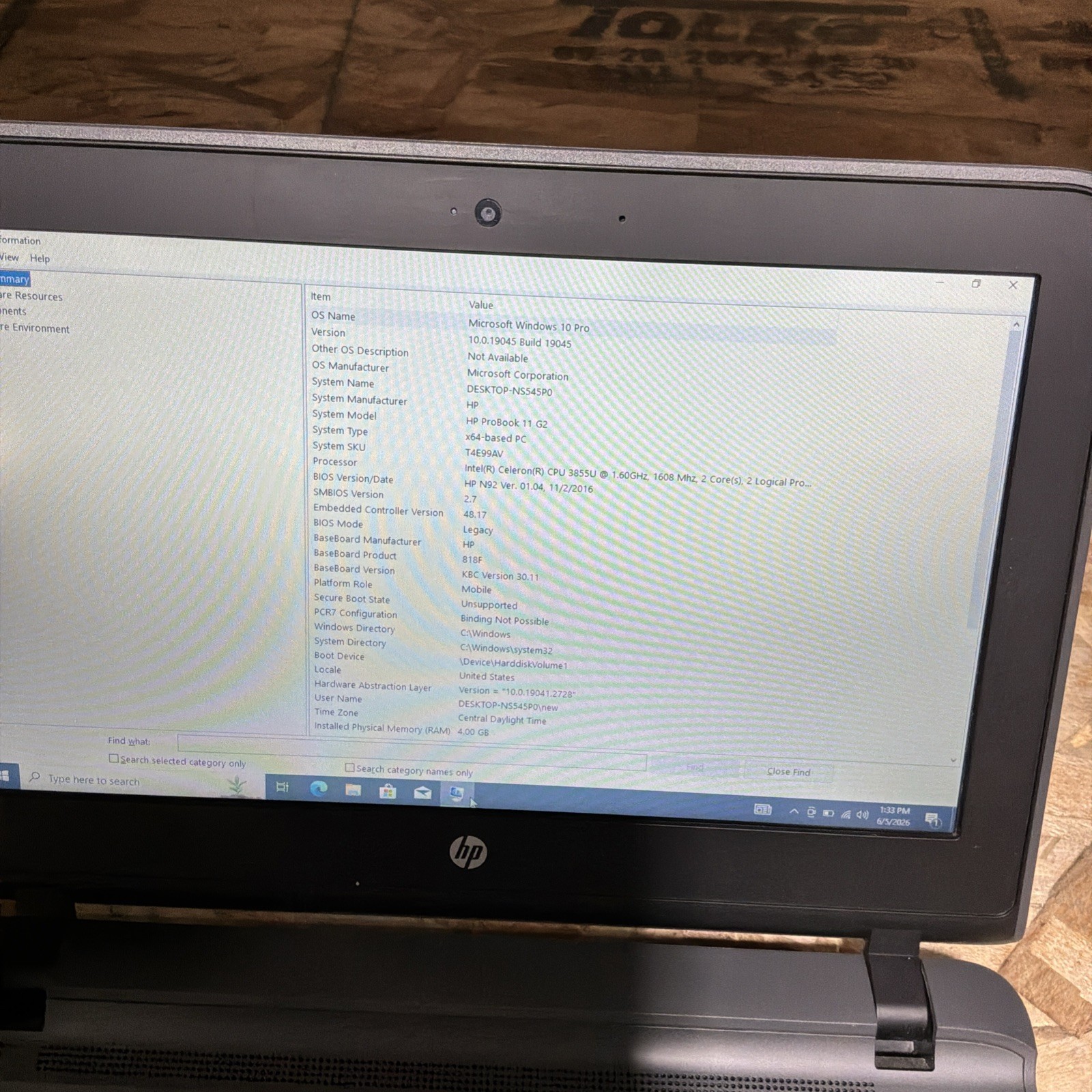HP ProBook 11 G2,Intel Celeron 3855U,4GB RAM 128GB SSD WIN 10 Pro C459