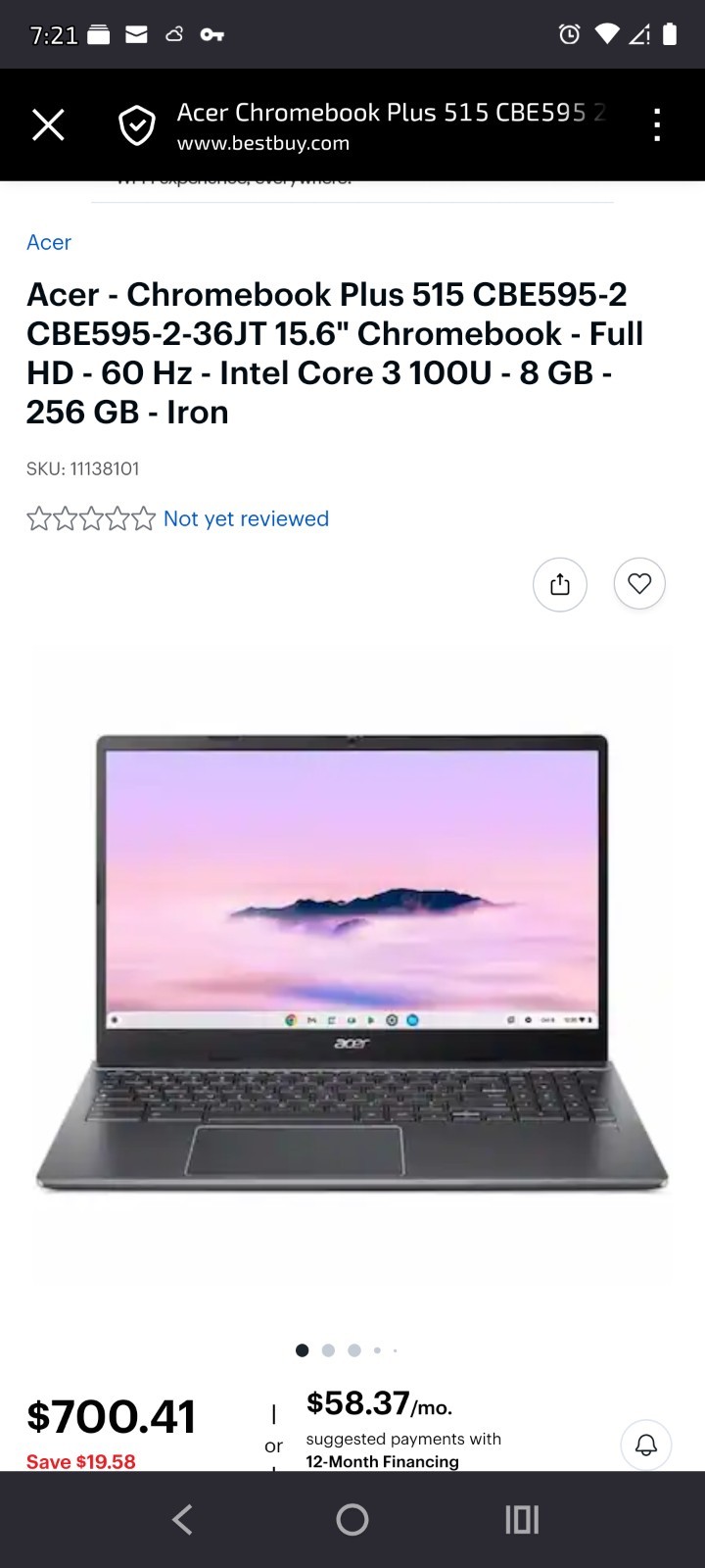Acer Chromebook Plus 515 CBE595-2 Intel Core i3 8GB 256GB SSD 15.6″ Iron